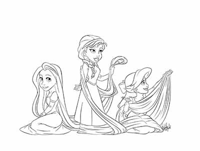 Anna Elsa and Rapunzel Coloring Page