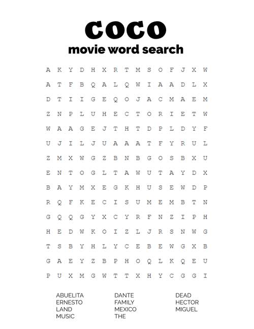 Coco Movie Word Search! Based on Disney Pixar Movie