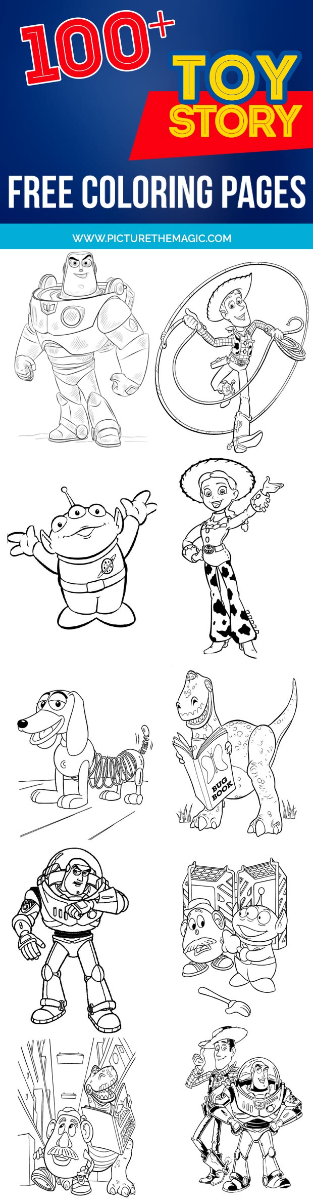 FUN! Over 100 free Toy Story Coloring Pages. Woody, Buzz Lightyear, Slinky, Rex, Jessie, Aliens, Mr. Potato Head and more friends from the movie. Free Toy Story coloring sheets.