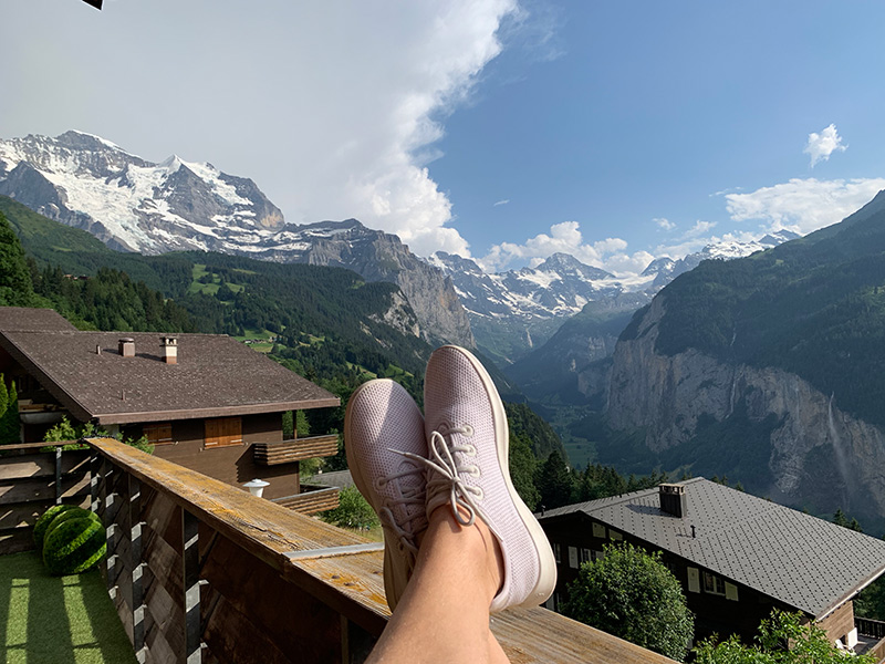View from balcony in Wengen, Switzerland of Lauterbrunnen Valley in the Alps