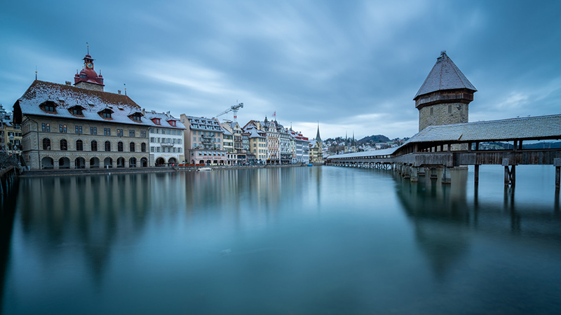 Lucerne, Switzerland in the winter with snow covering the roofs