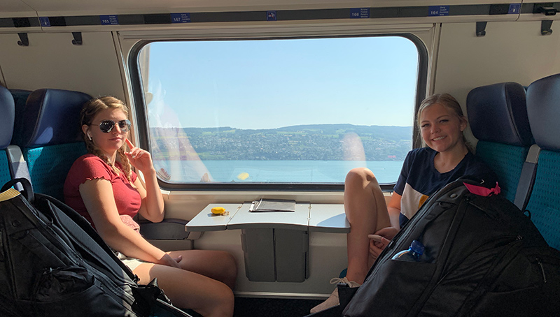 Girls riding train to Lucerne, Switzerland