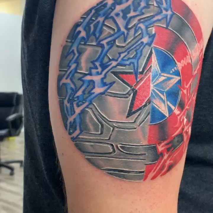 Captain America and Thor shield with lightning tattoo