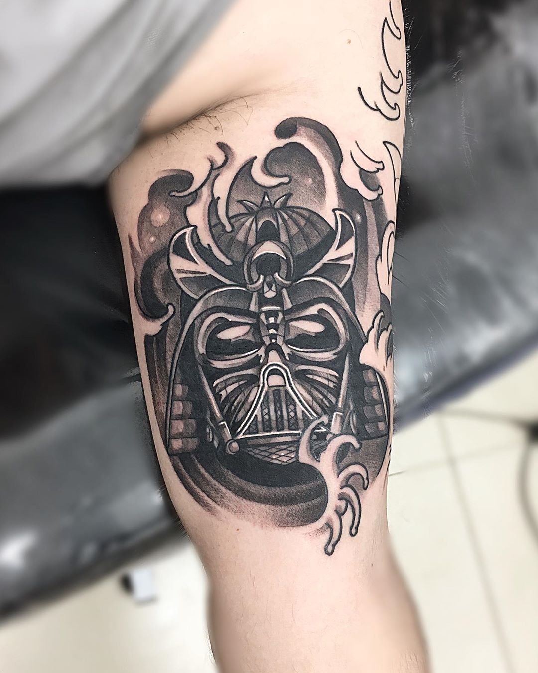 Creative Darth Vader adaptation tattoo, reminiscent of Chinese warrior