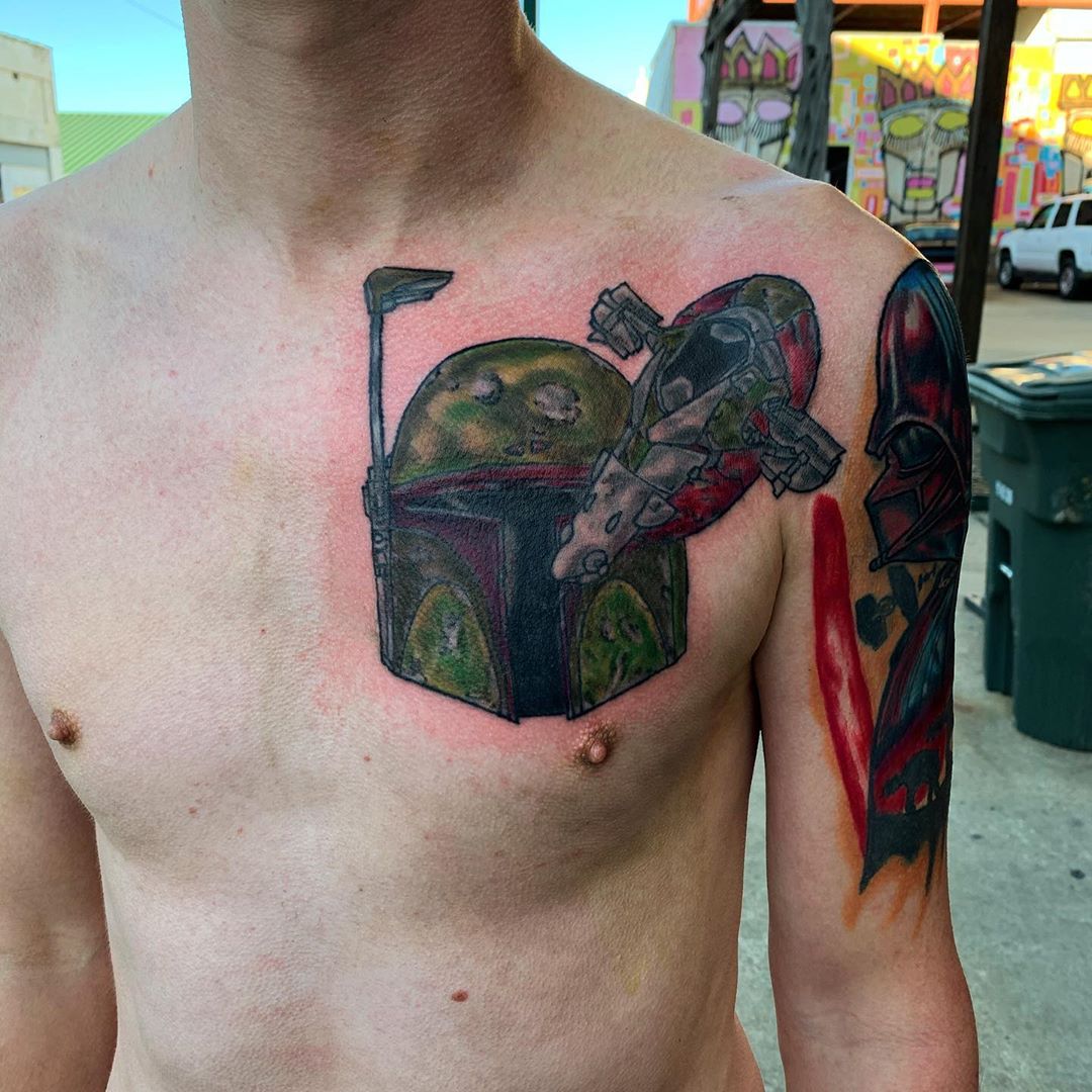 Boba Fett tattoo plus his spaceship
