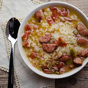 chicken and sausage gumbo in bowl