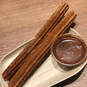 Chocolate churro on plate with chocolate dipping sauce