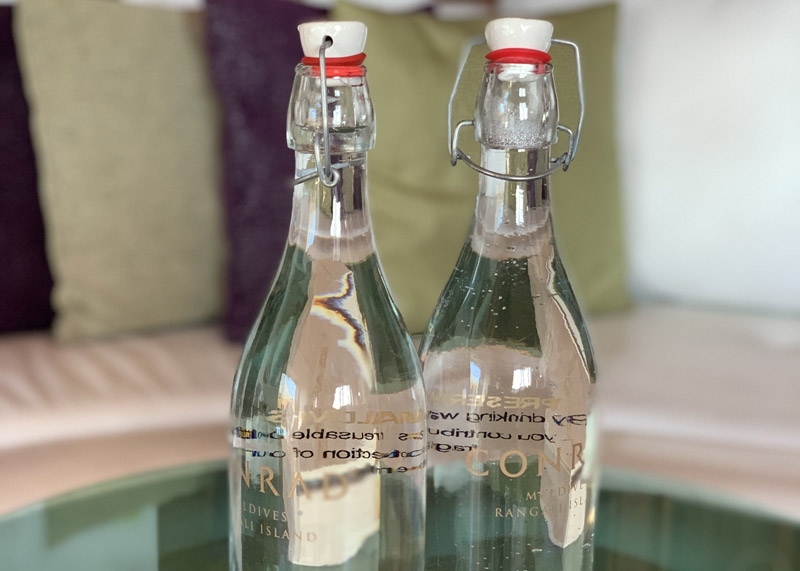 Glass bottles of drinking water at Hilton Conrad Maldives