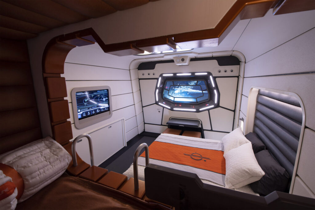 This mock-up of a starship cabin shows the well-appointed accommodations guests will experience during their stay.