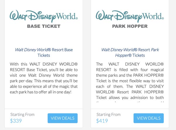 Get Away Today screenshot of types of tickets
