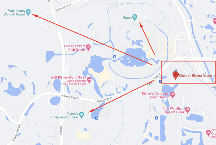 Map of Disney's Riviera Resort location and proximity to Walt Disney World parks