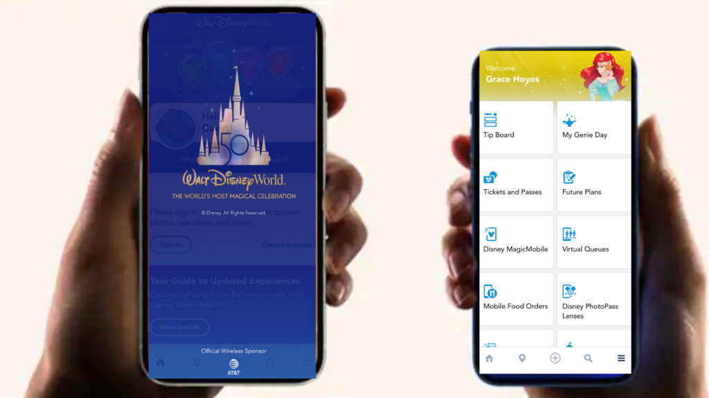 Screenshots of the My Disney Experience app