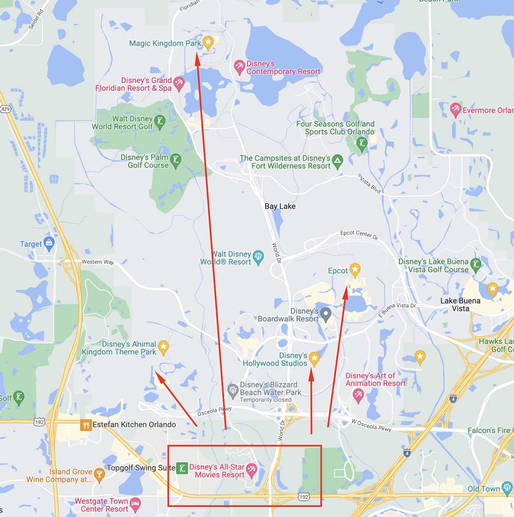 Map of Disney World area showing how close All-Star Music resort is to the theme parks