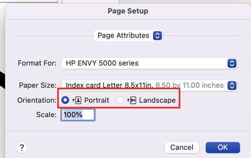 To change from Portrait to Landscape, go to Word's navigation menu and select File > Page Setup. You will then be able to select the orientation mode you desire.