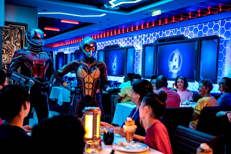 Ant-Man the The Wasp visit dining guests at Worlds of Marvel on Disney Wish ship