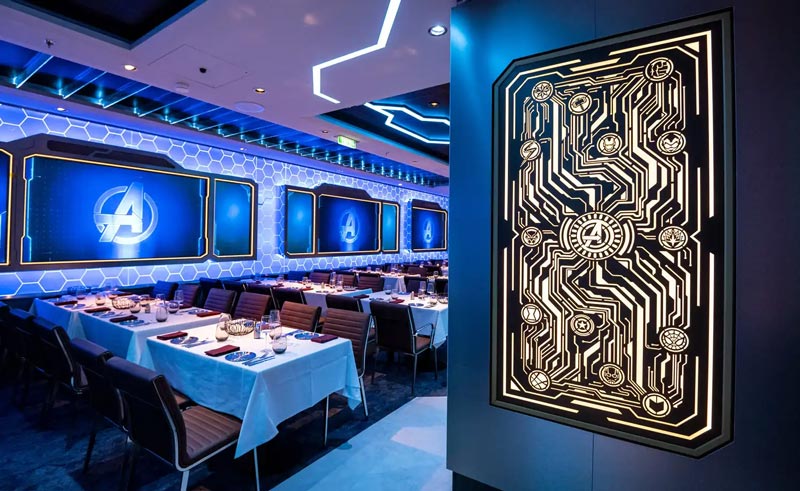 Worlds of Marvel dining room on Disney Wish cruise